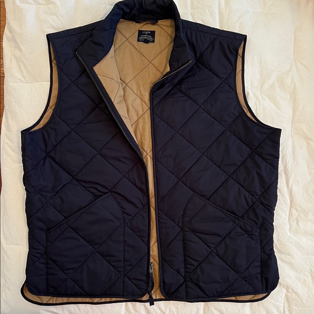 J. Crew Navy and Tan Quilted Puffy Vest sz XL